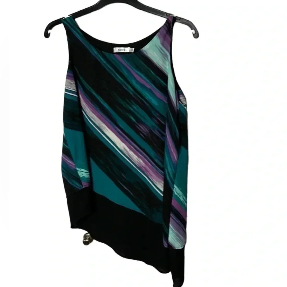 Asymmetrical Twofer Tank tunic, diagonal stipes,s vtg RICKI’S disco vibe,hi lo